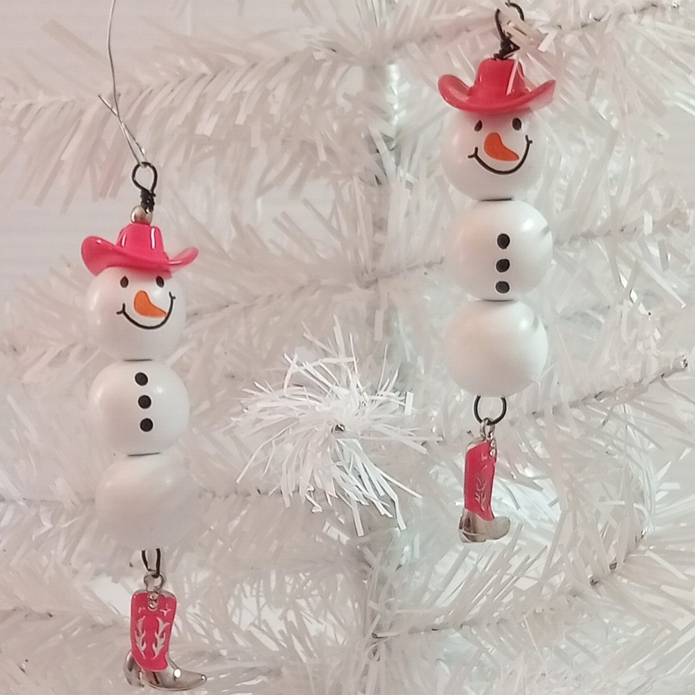 Pink Snowgirl Ornaments Beaded Lot of 2 Handmade NEW